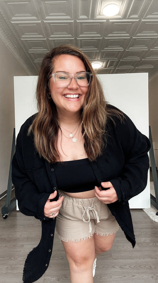 Curvy Black Gauze Button Down