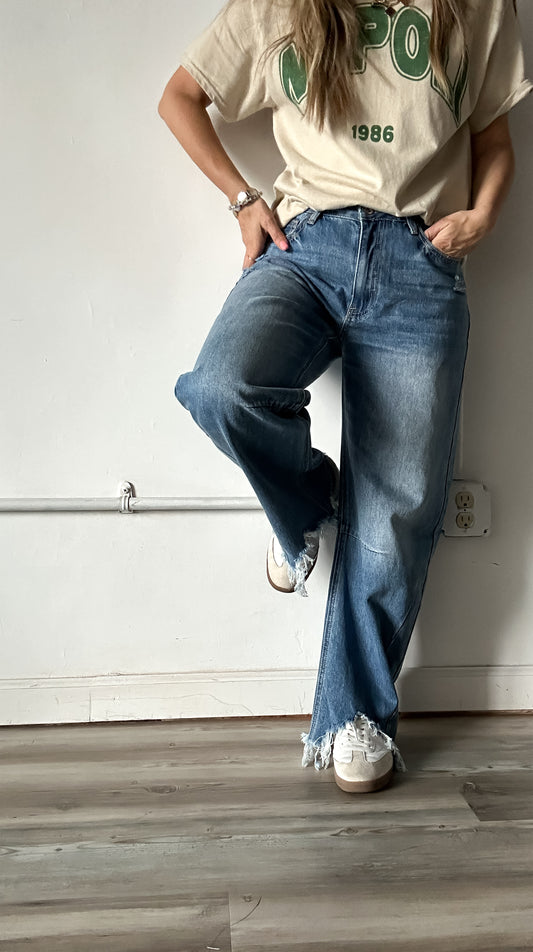 Mid Rise Barrel Leg Medium Wash Denim