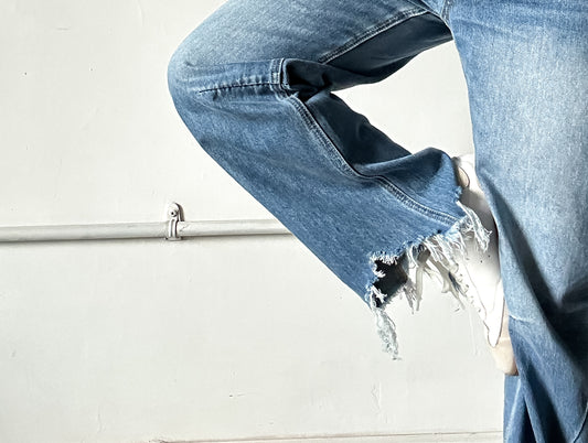 Mid Rise Barrel Leg Medium Wash Denim