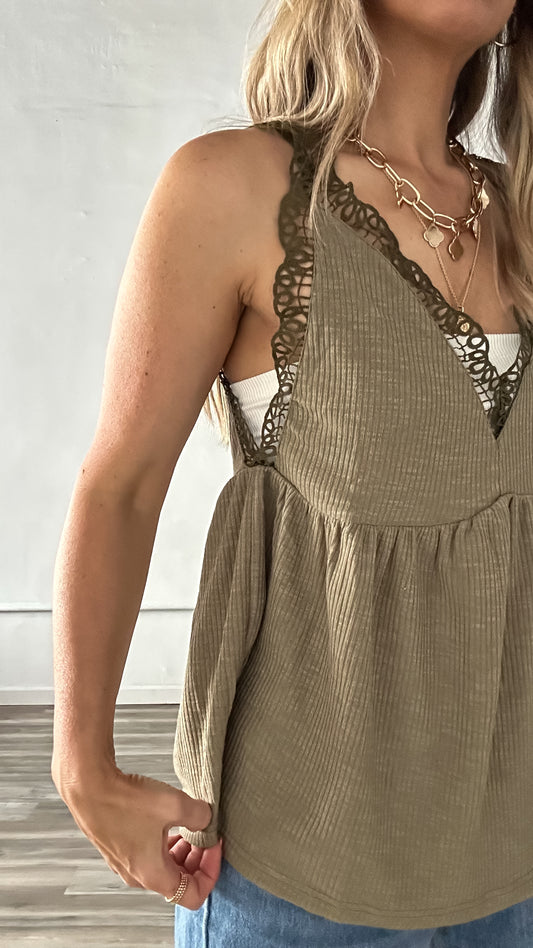 Olive Lace Trim Babydoll Tank