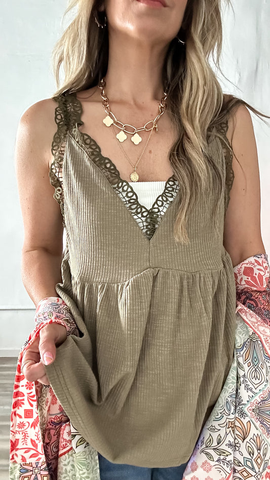 Olive Lace Trim Babydoll Tank